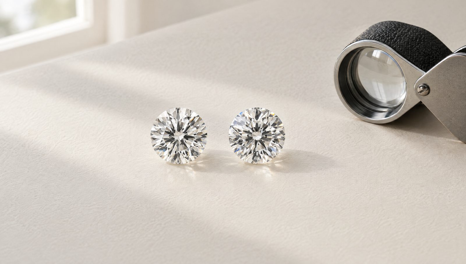 Two round diamonds beside a jeweller’s loupe on ivory paper