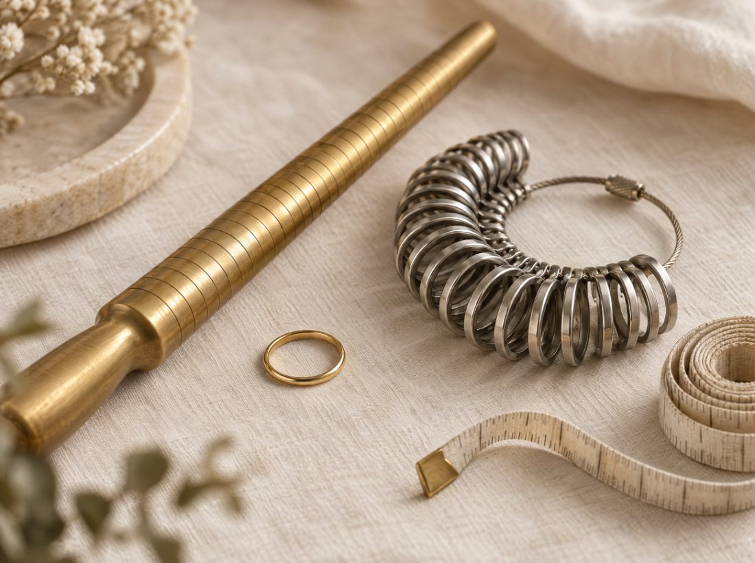 A ring sizer, gauge and measuring tools on a jeweller’s bench