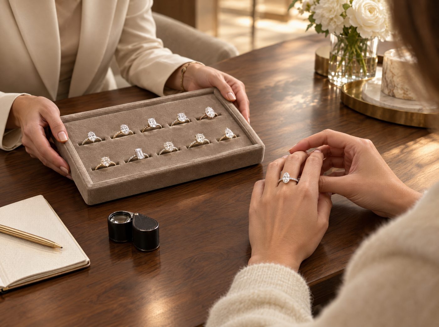 A Panaroma stylist showing engagement rings at a showroom table