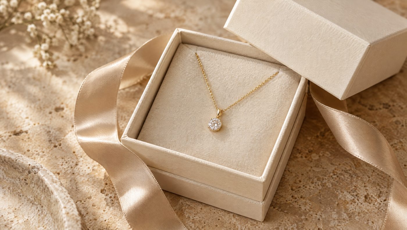 A Panaroma gift box with a diamond pendant, tied with ivory ribbon
