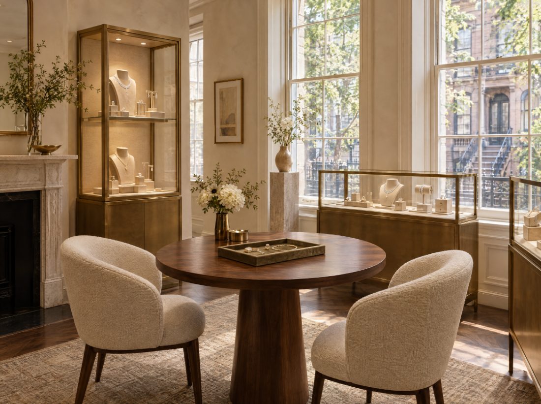 The Panaroma showroom in New York, with a consultation table and display cases