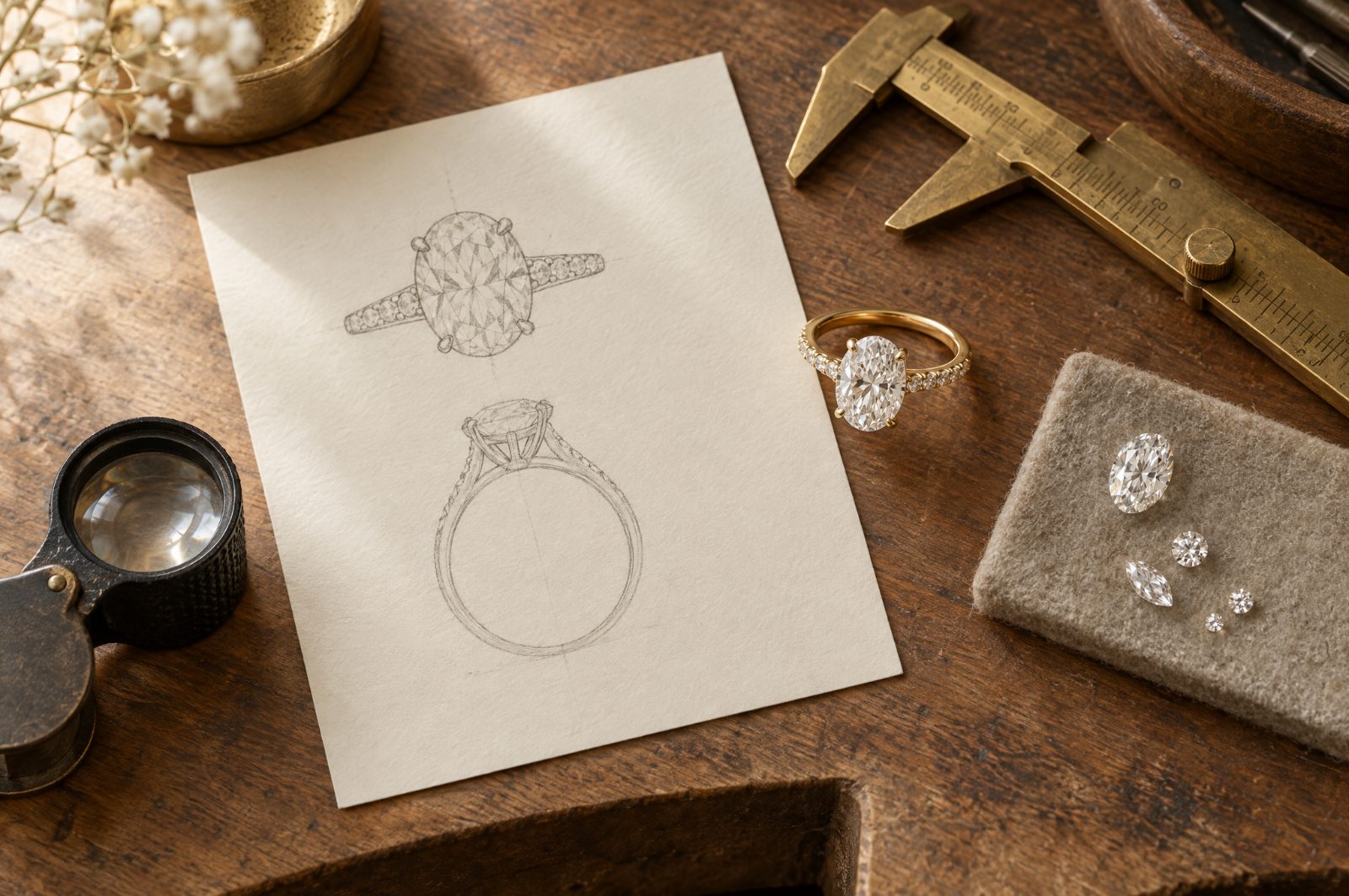 A hand-drawn ring sketch beside loose diamonds and a jeweller’s gauge
