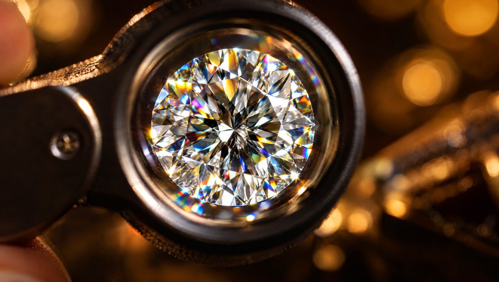 A brilliant-cut diamond under a jeweller’s loupe