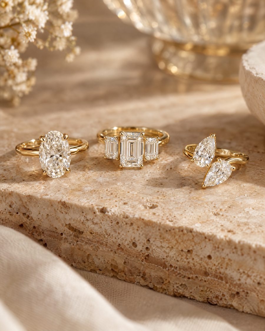 Engagement rings in oval, emerald and pear cuts on a travertine stone